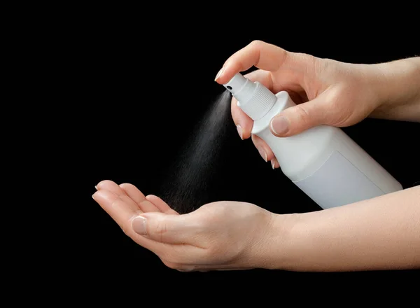 Woman Holding Spray Bottle Hand Sanitizer Isolated Black Background — Stock Photo, Image