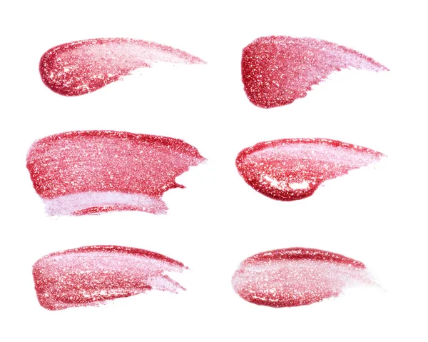 Lip gloss yang berbeda terisolasi pada putih. Sampel lip gloss tercampur . — Stok Foto