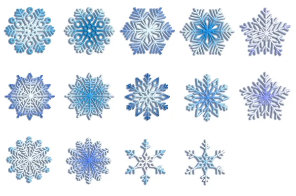 Conjunto de flocos de neve. Elementos de inverno. Flocos de neve azuis sobre fundo branco . — Fotografia de Stock