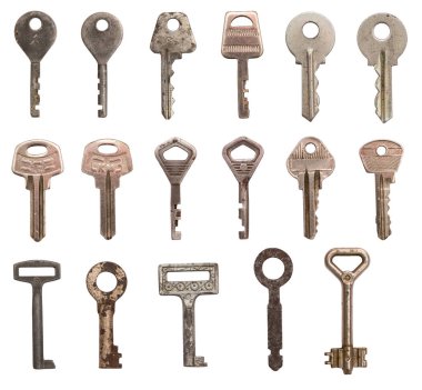 İzole farklı eski vintage tuşları kümesi. Doğal renk ve doku.