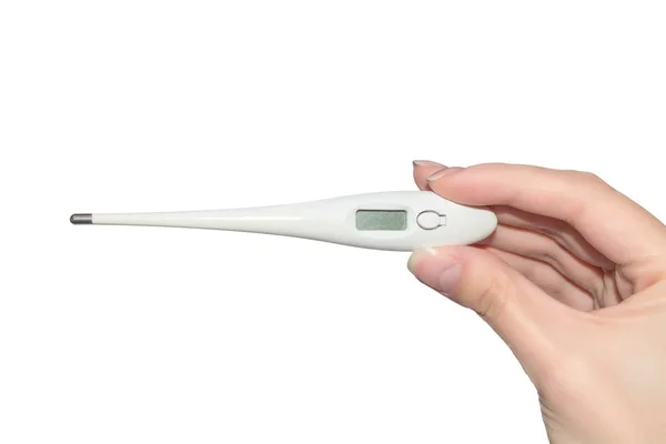 Elektronische thermometer in de hand. Thermometer geïsoleerd op witte achtergrond. — Stockfoto