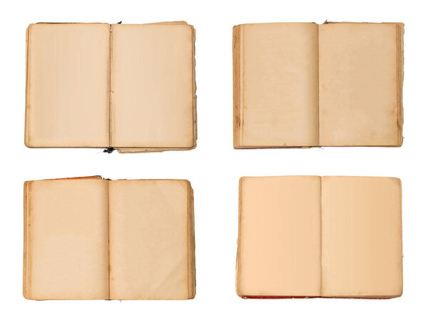 Набор открытых старых книг изолирован, старинная книга с чистыми желтыми пятнами страниц
.