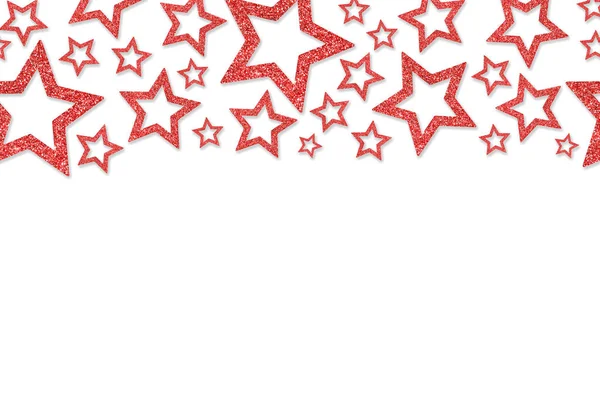 Rand mit roten Sternen aus Paillettenkonfetti. Glitzerpuder glitzernden Hintergrund. — Stockfoto