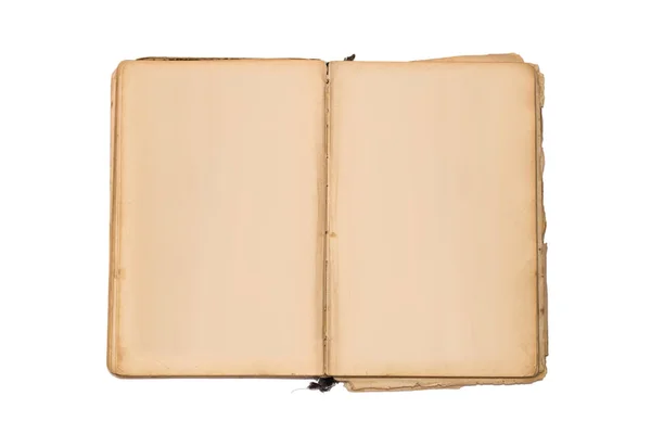 Libro viejo abierto aislado, libro vintage con páginas manchadas de amarillo en blanco . — Foto de Stock
