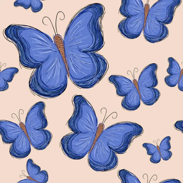 Nahtloses Muster mit blauem Schmetterling auf braun. — Stockfoto