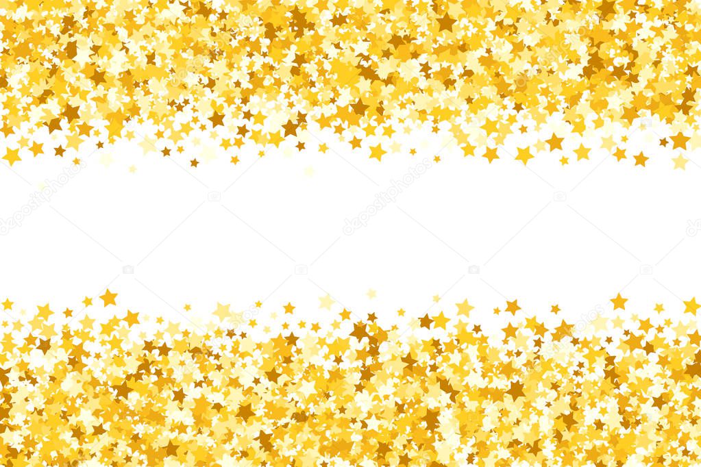 Border with shimmer stars. Gold sparkle. Golden frame of stars. Border. Confetti.