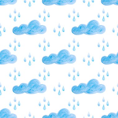 Mavi suluboya bulutlar ve yağmur ile Seamless modeli. Elle çizilmiş arka plan.
