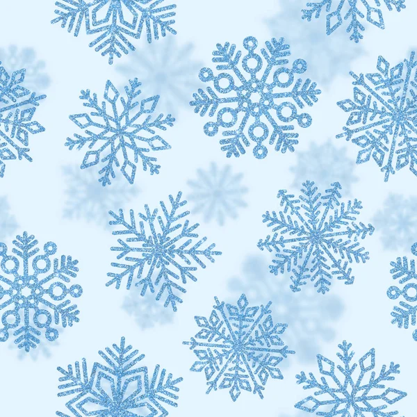 Χωρίς ραφή πρότυπο με μπλε λαμπερά νιφάδες χιονιού... Διακόσμηση Χριστουγέννων πούλιες κομφετί — Φωτογραφία Αρχείου