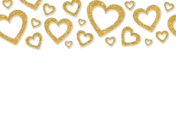 Fronteira com corações dourados de confete de lantejoulas. Glitter pó espumante fundo — Fotografia de Stock