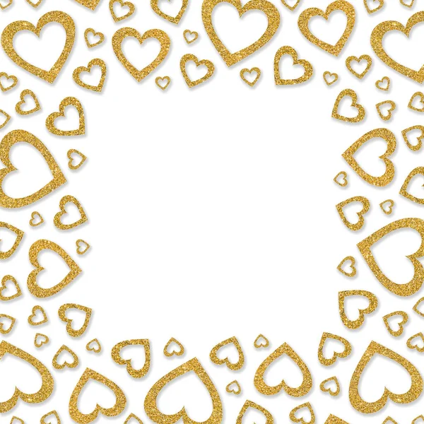 Cornice di cuori in metallo dorato lucido. Bordo di polvere scintillante durante il Giorno di S. Valentino — Foto Stock