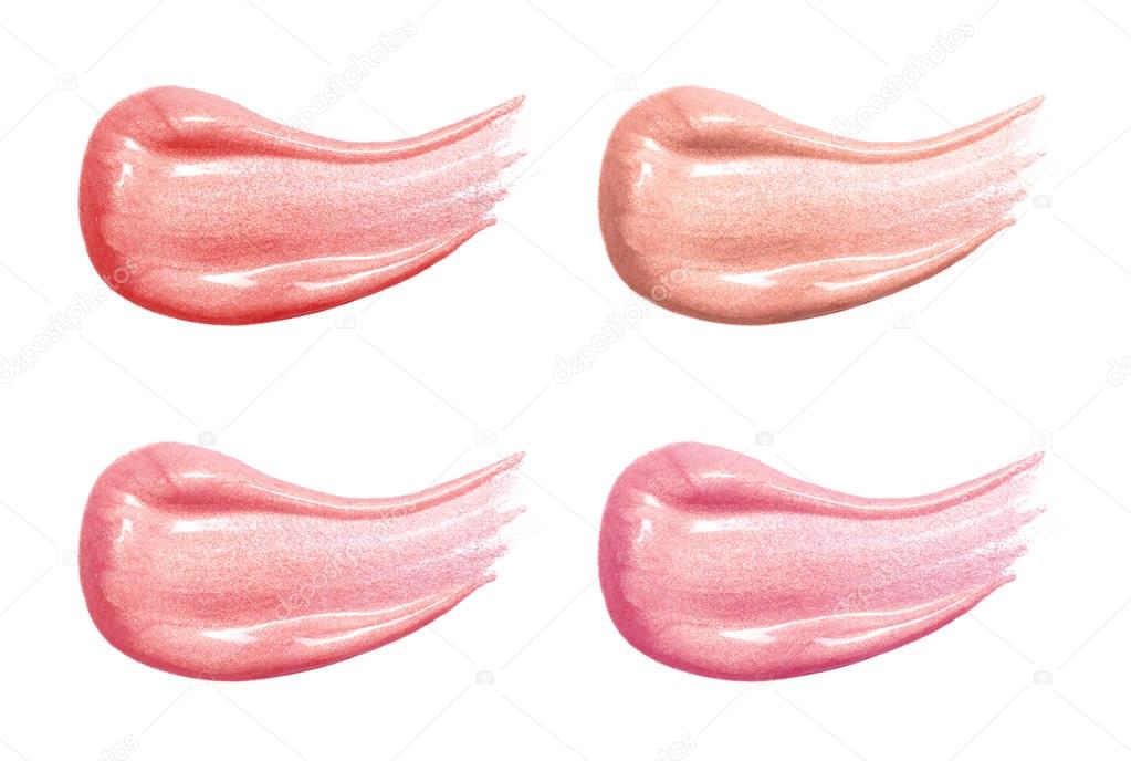 Set of different lip glosses pastel color smear samples isolated on white. Smudged makeup product