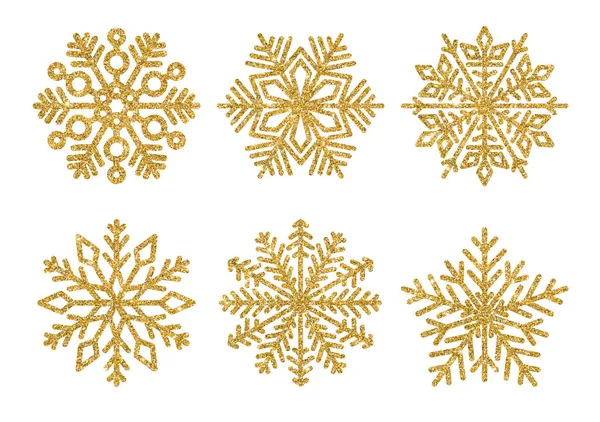 Zestaw brokat złoty śnieżynkami. Elementy zimowych. Padające płatki śniegu na białym tle — Zdjęcie stockowe