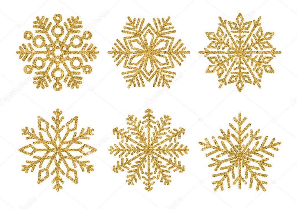 Set of glitter golden Snowflakes. Winter elements. Shining snowflakes on white background