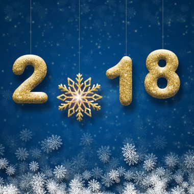 Altın metin 2018 ve mavi bir arka plan üzerinde büyük kar tanesi tebrik kartı.