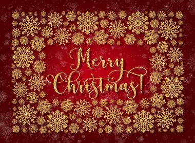 Kırmızı bir arka plan üzerinde altın metin ile tebrik kartı. Glitter ifade mutlu Noeller