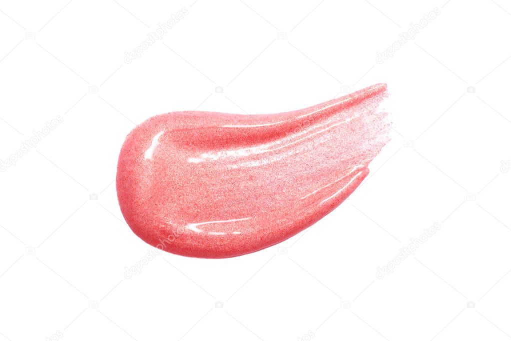 Lip gloss smear isolated on white. Smudged makeup product sample