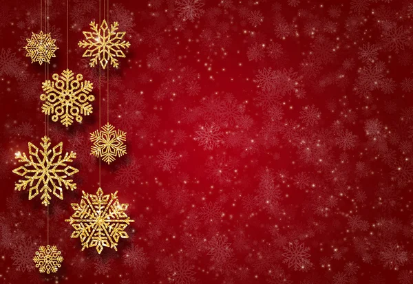 Fondo rojo de año nuevo con juguetes de árbol de Navidad de oro. Copos de nieve dorados . — Foto de Stock