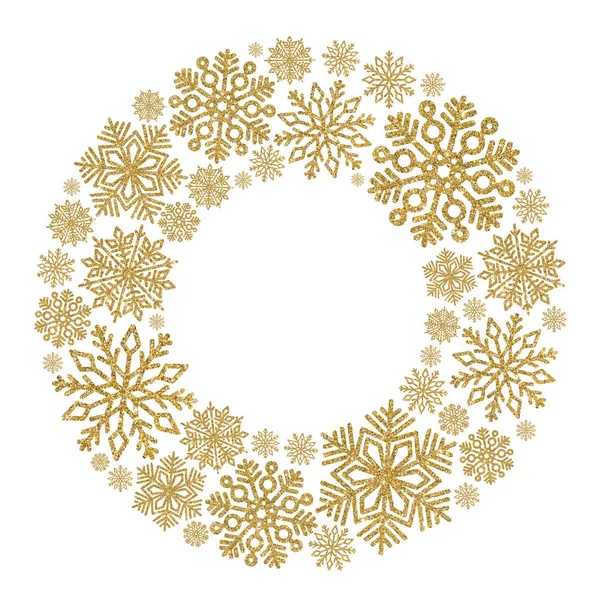 Moldura redonda de Natal com flocos de neve dourados. Fronteira de confete de lantejoulas — Fotografia de Stock