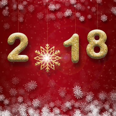 Altın metin 2018 ve kırmızı bir arka plan üzerinde büyük kar tanesi tebrik kartı.