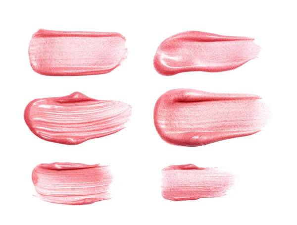 Σειρά από διαφορετικά χείλη συγκαλύπτει επίχρισμα δείγματα απομονωμένα σε λευκό. Δείγμα του προϊόντος αλλοιωμένους μακιγιάζ — Φωτογραφία Αρχείου