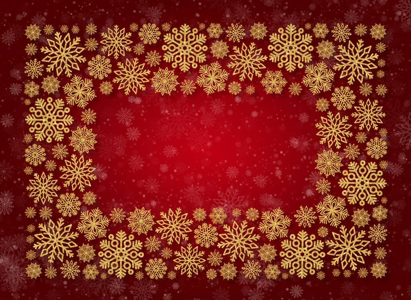 Karácsonyi keret arany hópelyhek, piros háttér. Flitter konfetti határán — Stock Fotó
