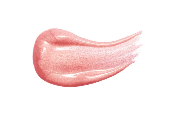 Muestra de brillo labial aislada en blanco. Brillo de labios rosa manchado . — Foto de Stock