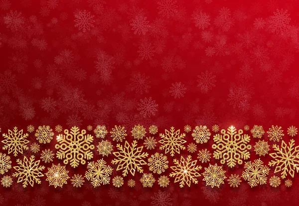 Borde navideño de copos de nieve dorados sobre fondo rojo. Copos de nieve volumétricos de oro 3D — Foto de Stock