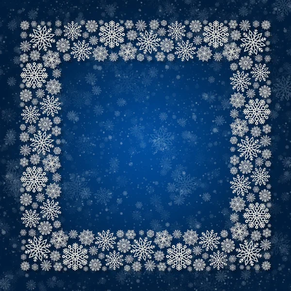 Noel çerçeve ile mavi bir arka plan üzerinde gümüş kar tanesi. Sınır payet konfeti — Stok fotoğraf
