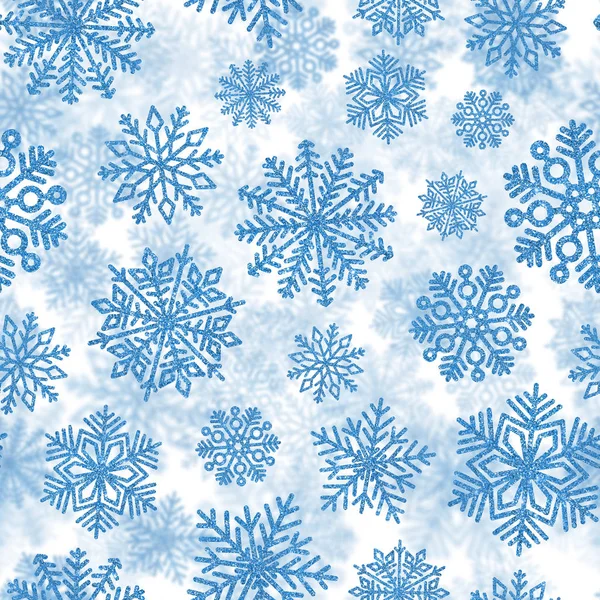 Seamless pattern with blue shiny snowflakes. Christmas decoration of sequin confetti — Stock Photo, Image