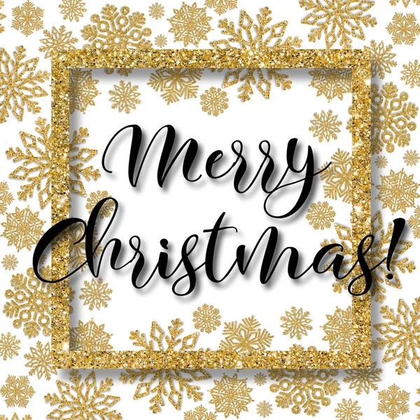 Weihnachtsrahmen mit goldenen Schneeflocken und frohe Weihnachten und ein gutes neues Jahr Text — Stockfoto