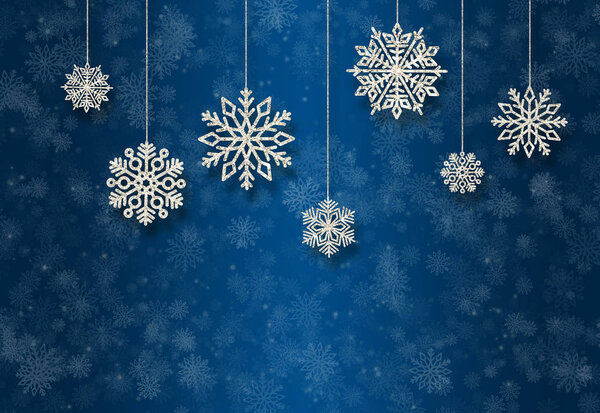 Blue New Year background with silver Christmas-tree toys.