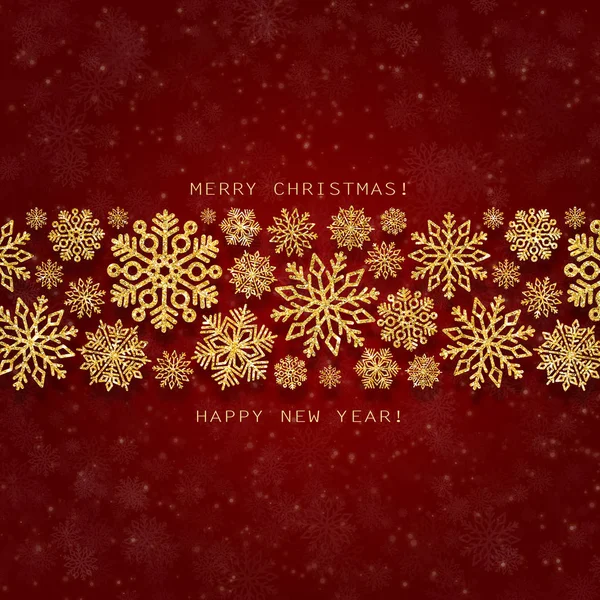 Greeting card with golden border of snowflakes on a red background