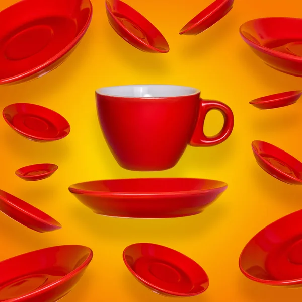 Creative surreal design with a red coffee cup and saucer on a yellow background — Stock Photo, Image