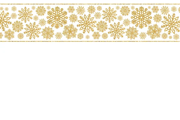 Christmas border with gold snowflakes. Border of sequin confetti. Glitter powder background.