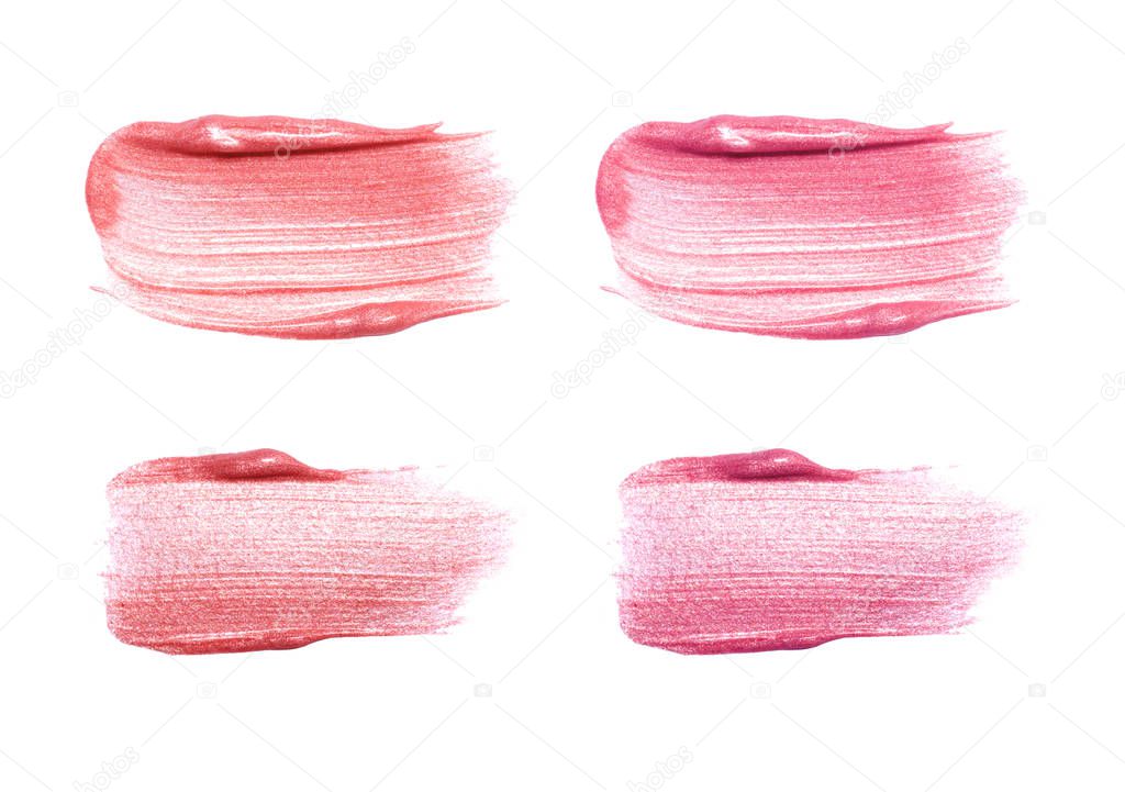 Set of different lip glosses smear isolated on white. Smudged makeup product sample.