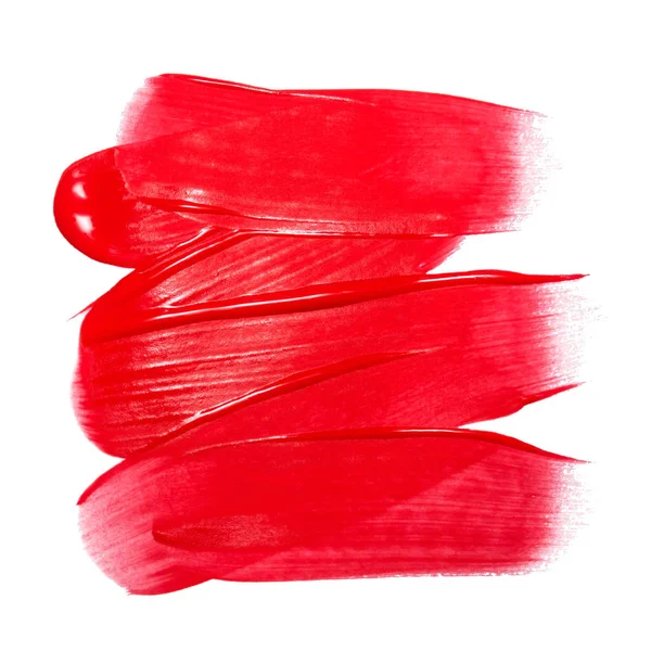 Amostra de brilho labial isolada em branco. Batom vermelho manchado. Amostra do produto de maquiagem — Fotografia de Stock