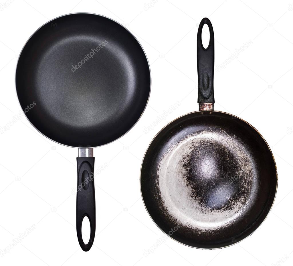 New and old pans isolated on white background