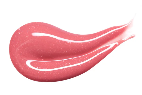 Échantillon de brillance des lèvres isolé sur blanc. Lèvres roses tachetées . — Photo