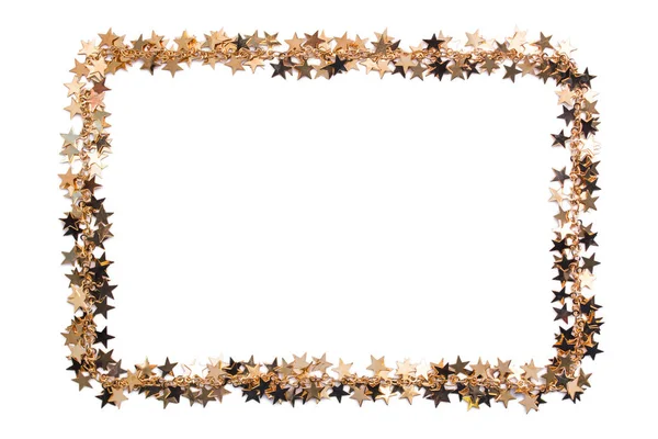 紙吹雪の星のフレーム。輝く星の黄金のビーズ。白のお祭りの装飾 — ストック写真