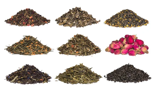 Bir dizi kuru bitki ve bitkisel çay. Yeşil, siyah, kompozisyon çay beyaz