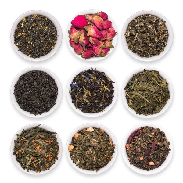 A set of dry herbal and floral tea. Green, black, composition teas — Stock Photo, Image