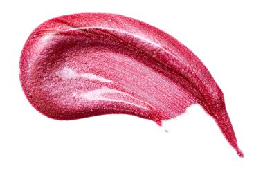 Dudak parlaklık numune beyaz izole. Kırmızı lipgloss lekelenmiş