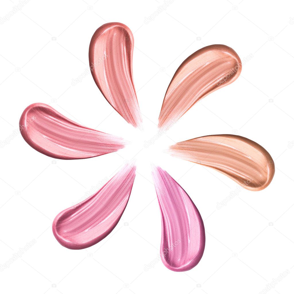 Set of different colors lip glosses smear isolated on white.