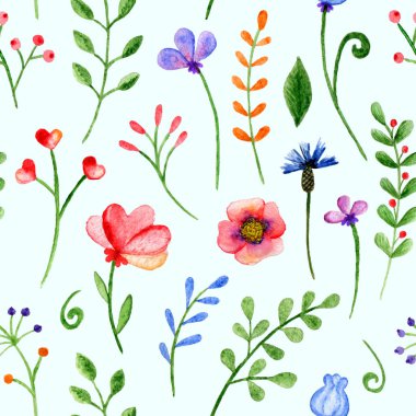 Mavi arka planda suluboya dalları, çiçekleri ve meyveleri olan kusursuz bir desen. Elle boyanmış süs..