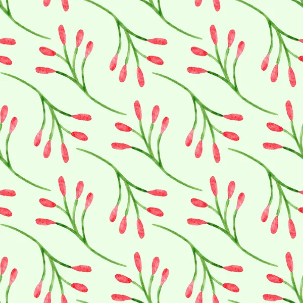 Seamless pattern with watercolor branches and red berries on green background. Hand-painted ornament — Stock Photo, Image