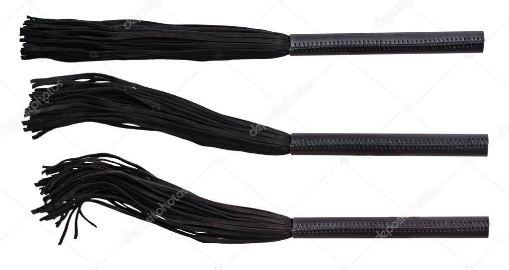Black whip isolated on white background. Accessories for adult sexual games. Toys for BDSM