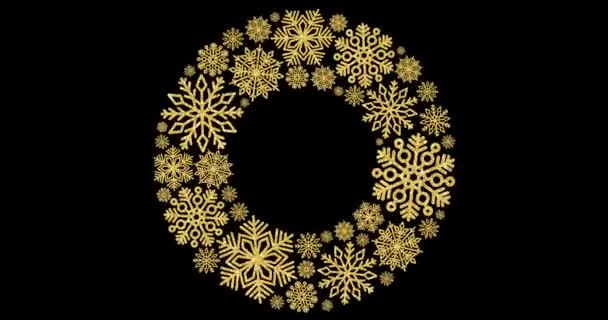 Weihnachten Runder Rahmen Mit Goldenen Schneeflocken Auf Schwarzem Hintergrund — Stockvideo