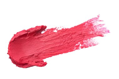 Beyaz arkaplanda pembe ruj lekesi var. Makyaj ürünü örneği.
