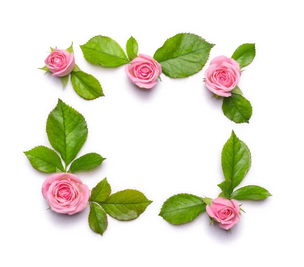 Cadre Floral Avec Roses Roses Sur Fond Blanc Bordure Fleurs — Photo
