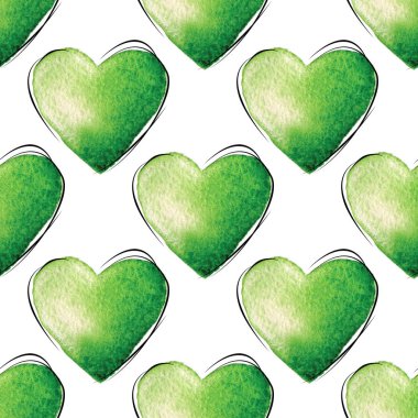 Kusursuz desenli, yeşil suluboya elle beyaz arka plana kalpler çizilmiş..